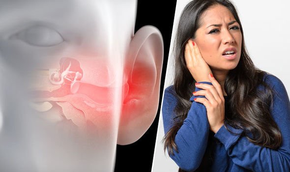 A woman holding her ear in pain, with an illustration of an inner ear showing inflammation and possible infection.