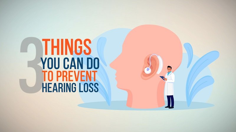 Illustration of a large head with an ear highlighted and a hearing aid device inserted. A small figure of a doctor stands beside the head, holding a clipboard. The text reads '3 Things You Can Do to Prevent Hearing Loss.'