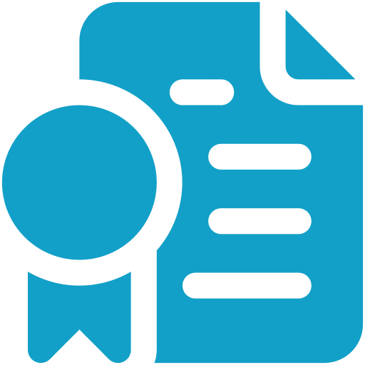 A blue icon of a certificate with a ribbon and text lines.