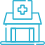 A blue icon of a hospital building with a medical cross sign on top.