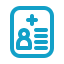 A blue icon of a medical document with a cross, a profile image, and lines representing text.