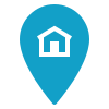 A blue icon of a location pin with a house silhouette inside, representing a home address or primary location.