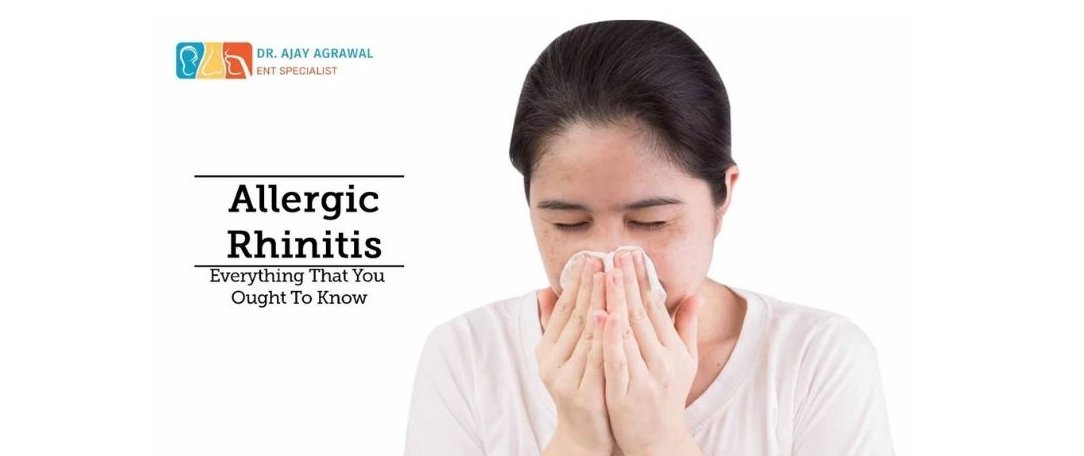 A woman covers her nose and mouth, appearing to sneeze or cough. Text reads "Allergic Rhinitis: Everything That You Ought To Know". The logo and name of Dr. Ajay Agrawal, ENT Specialist, are also included.