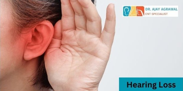 A close-up of a person cupping their hand behind their red-highlighted ear, next to a blue box with the text "Hearing Loss". The logo and name of Dr. Ajay Agrawal, ENT Specialist, are also included.