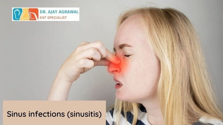 Woman with sinus infection holding her nose in pain, highlighting the affected area in red.
