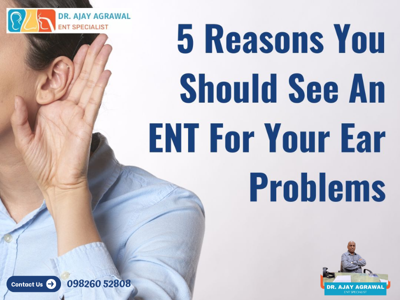 A person cups their hand behind their ear, indicating hearing difficulty. Text reads "5 Reasons You Should See An ENT For Your Ear Problems". The logo and name of Dr. Ajay Agrawal, ENT Specialist, and contact number are also included.